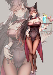 Rule 34 | 1girl, :d, amane ruri, animal ears, atago (azur lane), azur lane, bare shoulders, black hair, black pantyhose, blue nails, blush, bow, bowtie, breasts, brown eyes, cherry, cleavage, cocktail glass, cup, detached collar, drinking glass, fake animal ears, food, fruit, highres, ice, ice cube, large breasts, lemon, lemon slice, leotard, long hair, mole, mole under eye, nail polish, nontraditional playboy bunny, open mouth, pantyhose, playboy bunny, rabbit ears, smile, solo, tray, very long hair, wolf ears, wrist cuffs