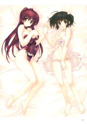 Rule 34 | 2girls, absurdres, ahoge, barefoot, corset, feet, highres, holding hands, interlocked fingers, mitsumi misato, multiple girls, official art, scan, to heart (series), to heart 2, toes