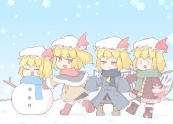 Rule 34 | 4girls, :d, = =, alternate costume, ascot, blonde hair, blue coat, blue scarf, boots, capelet, chibi, coat, commentary request, crystal, flandre scarlet, four of a kind (touhou), full body, fur-trimmed boots, fur-trimmed capelet, fur-trimmed jacket, fur trim, green scarf, hat, hat ribbon, highres, jacket, mittens, mob cap, multiple girls, one side up, open mouth, red eyes, red scarf, ribbon, scarf, short hair, sleeves past fingers, sleeves past wrists, smile, snowflakes, snowman, solid oval eyes, thick eyebrows, touhou, white headwear, wings, winter clothes, winter coat, yellow ascot, zenerat