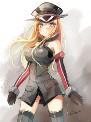 Rule 34 | 10s, 1girl, bad id, bad pixiv id, bismarck (kancolle), blonde hair, blue eyes, clenched hand, elbow gloves, gloves, hat, kantai collection, long hair, looking at viewer, nunucco, solo, thighhighs, wind, zettai ryouiki