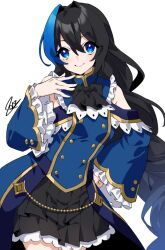 Rule 34 | 1girl, black hair, black skirt, blue eyes, blue hair, character request, closed mouth, copyright request, hatagaya, long hair, long sleeves, looking at viewer, multicolored hair, pleated skirt, simple background, skirt, smile, solo, white background