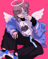 Rule 34 | 1boy, black pants, blue jacket, blue nails, brown hair, cellphone, hair bun, halo, highres, jacket, jewelry, kanae (nijisanji), nasi w2, necklace, nijisanji, open clothes, open jacket, open mouth, pants, phone, pink background, purple eyes, ring, shoes, short hair, simple background, single side bun, smartphone, smile, sneakers, solo, virtual youtuber, white wings, wings