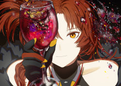 Rule 34 | 1girl, alcohol, black gloves, close-up, closed mouth, cup, forehead, fur collar, gloves, highres, holding, holding cup, honkai (series), honkai impact 3rd, looking at viewer, murata himeko, murata himeko (vermillion knight), rafaelaaa, red hair, smile, solo, spill, wine, yellow eyes