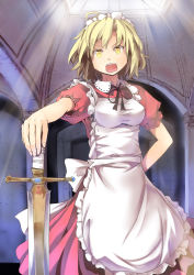 Rule 34 | &gt;:o, 1girl, :o, alternate hairstyle, apron, blonde hair, breasts, culter, dress, female focus, hand on hilt, highres, holding, maid, maid apron, maid headdress, open mouth, short hair, solo, sword, touhou, touhou (pc-98), v-shaped eyebrows, weapon, yellow eyes, yumeko (touhou)