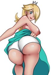 Rule 34 | 1girl, ass, blonde hair, blue dress, blue eyes, blush, breasts, closed mouth, clothes lift, crown, dress, dress lift, from behind, hair over one eye, large breasts, leaning forward, lips, long hair, looking back, mario (series), nintendo, nipples, panties, rosalina, simple background, solo, t00ku, thighs, topless, underwear, white background, white panties