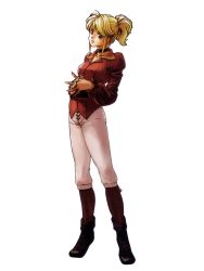 Rule 34 | 1girl, blonde hair, boots, capri pants, choker, flare en kuldes, full body, gensou suikoden, gensou suikoden iv, jewelry, kawano junko, knee boots, official art, own hands clasped, own hands together, pants, ponytail, purple eyes, ring, short hair, simple background, solo, standing, wedding band