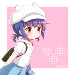 Rule 34 | 1girl, animal ears, animal hat, arms behind back, backpack, bag, blue hair, blush, brown eyes, cabbie hat, closed mouth, clothes around waist, commentary request, drawstring, fake animal ears, gochuumon wa usagi desu ka?, goth risuto, hat, heart, hood, hood down, hoodie, jouga maya, looking at viewer, low ponytail, pink background, ponytail, short sleeves, solo, twitter username, two-tone background, white background, white hat, white hoodie