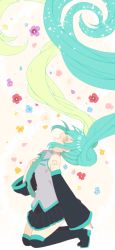 Rule 34 | 1girl, aqua hair, black skirt, blue flower, blue hair, blue nails, blue necktie, blush, boots, closed eyes, curly hair, detached sleeves, eyelashes, floating hair, flower, full body, gradient background, grey shirt, hand on own chest, happy, hatsune miku, highres, kneeling, long hair, multicolored hair, nail polish, necktie, open mouth, orange flower, petals, pink background, pink flower, ponita, profile, purple flower, red flower, shirt, simple background, skirt, sleeveless, sleeveless shirt, smile, solo, solo focus, thigh boots, thighhighs, thighs, twintails, two-tone hair, very long hair, vocaloid, white background, white flower, yellow flower