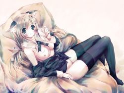 Rule 34 | animal ears, blonde hair, bow, breasts, cat ears, green eyes, hair ribbon, ribbon, shirt, sitting, thighhighs, twintails