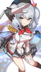 Rule 34 | 10s, 1girl, blue eyes, breasts, female focus, gloves, highres, kantai collection, kashima (kancolle), large breasts, long hair, machinery, military, military uniform, miniskirt, saitou naoki, silver hair, skirt, smile, solo, twintails, uniform, wavy hair