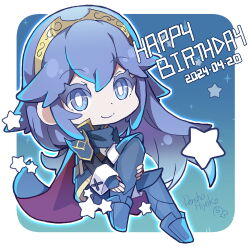 Rule 34 | 1girl, artist name, blue cape, blue eyes, blue footwear, blue hair, brand of the exalt, cape, chibi, chibi only, closed mouth, commentary request, dated, eyelashes, fire emblem, fire emblem awakening, full body, happy birthday, long hair, long sleeves, looking at viewer, lucina (fire emblem), nintendo, red cape, ryoto soukyuu, smile, solo, star (symbol), symbol in eye, tiara, two-tone cape, very long hair