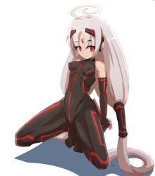 Rule 34 | 1girl, absurdres, ahoge, bare shoulders, bodysuit, breasts, elbow gloves, covered erect nipples, fingerless gloves, gloves, hair tubes, highres, huge ahoge, infraton, long hair, low twintails, red eyes, robot ears, silver hair, small breasts, solo, squatting, tiptoes, twintails, under night in-birth, vatista, very long hair