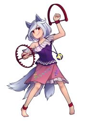 Rule 34 | 1girl, animal ears, barefoot, dog ears, dog tail, bear trap, full body, grey hair, highres, mitsugashira enoko, multiple tails, petticoat, pink skirt, purple shirt, red eyes, shirt, short hair, short sleeves, skirt, solo, speckticuls, tail, touhou, transparent background, unfinished dream of all living ghost