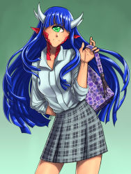 Rule 34 | 1girl, backpack, bag, blue hair, cacodemon, cyclops, doom (series), frown, gradient background, green background, green eyes, grey skirt, horns, long hair, monster girl, one-eyed, personification, plaid, plaid skirt, pointy ears, shirt, simple background, skirt, standing, substance20, white shirt
