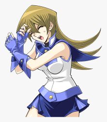 Rule 34 | 1girl, bare legs, bare shoulders, blonde hair, breasts, covering privates, elbow gloves, female focus, fingerless gloves, gloves, large breasts, long hair, miniskirt, obelisk blue uniform, official art, open mouth, serious, shiny clothes, shiny skin, shirt, skirt, solo, sweat, tenjouin asuka, transparent background, very long hair, wide hips, yellow eyes, yu-gi-oh!, yu-gi-oh! duel links, yu-gi-oh! gx