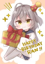 Rule 34 | 1girl, ahoge, assault lily, blue skirt, blush, bow, bowtie, box, character name, chibi, closed mouth, commentary, frilled skirt, frills, full body, gift, gift box, grey hair, grey thighhighs, hair between eyes, hands up, happy birthday, hat, herensuge girls academy school uniform, highres, holding, holding gift, jacket, knees up, long hair, long sleeves, looking at viewer, miniskirt, multicolored hair, no shoes, notice lines, orange background, oversized clothes, party hat, pleated skirt, red bow, red bowtie, red hat, sasaki ran, school uniform, sitting, skirt, sleeves past fingers, sleeves past wrists, smile, solo, sparkle, streaked hair, thighhighs, tilted headwear, two-tone background, white background, white jacket, yellow eyes, yubari lemon (lemonlilie)