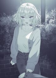 Rule 34 | 1girl, ahoge, blush, brick wall, bush, cardigan, clothes grab, commentary, denim, fate/grand order, fate (series), greyscale, hair between eyes, highres, jeanne d&#039;arc alter (fate), jeans, lamppost, long sleeves, looking away, mitsurugi sugar, monochrome, pants, shirt, shirt tucked in, short hair with long locks, sleeve grab, sleeves past wrists, solo, standing, sweatdrop, tsundere, white shirt