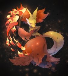 Rule 34 | animal ear fluff, blurry, closed mouth, commentary request, creatures (company), delphox, embers, fire, game freak, gen 6 pokemon, highres, holding, holding stick, kikuyoshi (tracco), looking back, nintendo, orange eyes, pokemon, pokemon (creature), smile, solo, stick