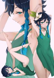 Rule 34 | 1boy, anklet, aqua eyes, armpits, arms up, bare arms, bare legs, barefoot, blue hair, braid, choker, collarbone, commentary, crossdressing, dress, english commentary, eyelashes, feet out of frame, flower, foxxarius, genshin impact, gradient hair, green dress, hair flower, hair ornament, highres, jewelry, legs, legs up, looking at viewer, lying, male focus, medium hair, multicolored hair, multiple views, naughty face, no panties, on back, open mouth, seductive smile, sidelocks, smile, strapless, thighs, trap, upper body, venti (genshin impact), white background