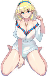 Rule 34 | 1girl, bare legs, bare shoulders, blonde hair, blush, breasts, cleavage, collarbone, covered erect nipples, elf, full body, hairband, highres, index finger raised, jewelry, kouno (masao), large breasts, looking at viewer, naked shirt, necklace, nipples, original, pointy ears, see-through, shirt, short hair, silhouette, simple background, sitting, smile, solo, v-neck, wariza, white background