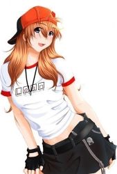 Rule 34 | artist request, baseball cap, blue eyes, blush, dog tags, fingerless gloves, gloves, happy, hat, jewelry, light brown hair, long hair, lowres, necklace, neon genesis evangelion, open mouth, skirt, souryuu asuka langley, zipper