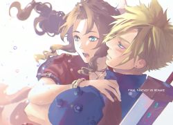 Rule 34 | 1boy, 1girl, aerith gainsborough, hug, blonde hair, blue eyes, blue skirt, blush, bracelet, braid, braided ponytail, brown hair, bubble, buster sword, cloud strife, couple, demi co, dress, earrings, final fantasy, final fantasy vii, final fantasy vii remake, green eyes, hair ribbon, hand on another&#039;s shoulder, highres, jacket, jewelry, lower teeth only, materia, open mouth, parted bangs, parted lips, pink dress, red jacket, ribbon, short sleeves, sidelocks, single earring, skirt, spiked hair, square enix, teeth, turtleneck, upper body, upper teeth only, wavy hair, weapon, weapon on back, white background