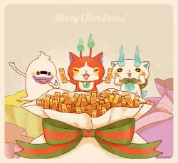Rule 34 | 10s, bad id, bad pixiv id, blush, candy, candy bar, cat, chocoboo, christmas, drooling, english text, engrish text, closed eyes, fangs, food, furoshiki, ghost, haramaki, highres, jibanyan, kanacho, komasan, merry christmas, multiple tails, no humans, notched ear, open mouth, purple lips, ranguage, sparkle, tail, two tails, whisper (youkai watch), traditional youkai, youkai watch