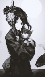 Rule 34 | 1girl, absurdres, animal, bell, black eyes, black hair, black kimono, closed mouth, commentary, cowboy shot, dissolving, dog, dripping, fish, flower, greyscale, gyup, hair flower, hair ornament, highres, holding, holding animal, holding dog, japanese clothes, jingle bell, kimono, koi, long sleeves, looking at viewer, looking to the side, monochrome, original, shiba inu, sidelocks, smile, solo, white flower