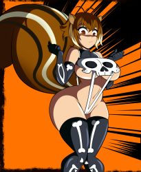 Rule 34 | 1girl, alternate costume, animal ears, antenna hair, blazblue, blazblue: continuum shift, breasts, brown eyes, brown hair, elbow gloves, gloves, grimphantom, halloween, highres, large breasts, makoto nanaya, navel, revealing clothes, short hair, solo, squirrel tail, tail, thighhighs, underboob