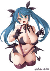 Rule 34 | 1girl, black gloves, blue hair, blush, breasts, cleavage, collarbone, cropped legs, demon tail, ebifurya, fang, gloves, green eyes, hair between eyes, halloween, halloween costume, highres, isuzu (kancolle), kantai collection, large breasts, long hair, looking at viewer, navel, open mouth, purple thighhighs, simple background, solo, tail, thighhighs, twintails, twitter username, white background