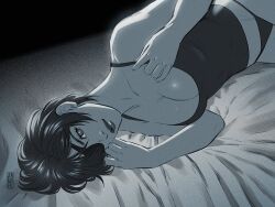 Rule 34 | 1girl, bed, breasts, chainsaw man, cleavage, dark background, eyepatch, greyscale, himeno (chainsaw man), jen bartel, large breasts, looking at viewer, lying, monochrome, on side, panties, short hair, solo, tank top, underwear