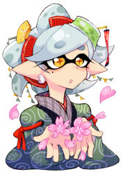 Rule 34 | 1girl, :o, comb, commentary, earrings, english commentary, flower, grey hair, hair ornament, hair stick, heart, hirafumi, hoop earrings, inkling, jewelry, marie (splatoon), medium hair, mole, mole under eye, nintendo, pink flower, pointy ears, red pupils, simple background, solo, splatoon (series), star-shaped pupils, star (symbol), streamers, symbol-shaped pupils, teeth, tentacle hair, thick eyebrows, white background, yellow eyes
