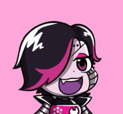 Rule 34 | &gt;:3, &gt;:d, 1boy, :3, :d, android, bad id, bad pixiv id, black hair, brown eyes, chibi, colored skin, eyelashes, eyeshadow, fang, grey skin, gyate gyate, hair over one eye, looking at viewer, lowres, makeup, male focus, mettaton, mettaton ex, multicolored hair, open mouth, pink background, portrait, robot, simple background, smile, solo, spoilers, two-tone hair, undertale, upper body, v-shaped eyebrows, yaruky