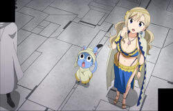 Rule 34 | anime screenshot, arabian clothes, blonde hair, blue eyes, breasts, cleavage, earrings, eden&#039;s zero, happy (eden&#039;s zero), highres, jewelry, large breasts, long hair, midriff, navel, rebecca bluegarden, revealing clothes, screencap, stitched, third-party edit, twintails