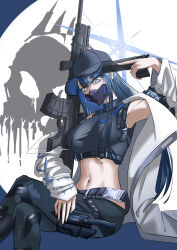 Rule 34 | 1girl, absurdres, bare shoulders, baseball cap, belt, black belt, black hat, black pants, black shirt, blue archive, blue eyes, blue hair, coat, commentary request, crop top, crossed legs, feet out of frame, gun, gun to head, handgun, hat, highres, holding, holding gun, holding weapon, langwo, leggings, long hair, looking at viewer, mask, midriff, mouth mask, navel, open clothes, open coat, pants, pointing, pointing at self, rifle, saori (blue archive), shirt, sitting, sleeveless, sleeveless shirt, solo, stomach, thighs, weapon, white coat