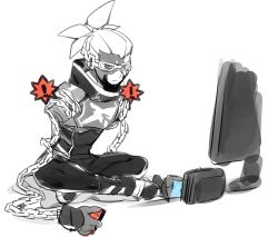 Rule 34 | 1boy, arms (game), chain, controller, game console, game controller, gameplay mechanics, goggles, indian style, joy-con, long arms, male focus, mask, nekobayashi (nekoforest), ninjara (arms), nintendo, nintendo switch, ponytail, scarf, simple background, sitting, solo, spot color, television, unamused, white background