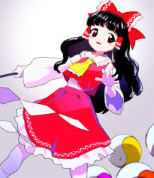 Rule 34 | 1girl, ascot, black hair, bow, cowboy shot, detached sleeves, frilled ascot, frilled bow, frilled hair tubes, frilled shirt collar, frilled skirt, frills, gohei, gradient background, grey background, hair bow, hair tubes, hakurei reimu, holding, holding gohei, long sleeves, medium hair, moudoku (decopon3rd), navel, open mouth, orb, print bow, print collar, print skirt, red bow, red eyes, red shirt, red skirt, shirt, skirt, skirt set, sleeveless, sleeveless shirt, solo, stomach, touhou, wide sleeves, yellow ascot, yin yang, yin yang orb, zun (style)