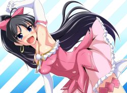 Rule 34 | 1girl, arm up, armpits, black hair, blue eyes, blush, bow, breasts, elbow gloves, fang, ganaha hibiki, gloves, hair bow, idolmaster, idolmaster (classic), bridal garter, long hair, open mouth, ponytail, skirt, solo, suteru (stiel)