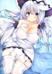 Rule 34 | 1girl, azur lane, bare shoulders, blue eyes, blush, breasts, cleavage, collarbone, dress, elbow gloves, garter straps, gloves, hair between eyes, hair ribbon, hand on own chest, hat, highres, illustrious (azur lane), large breasts, long hair, looking back, mole, mole under eye, mutou mame, partially submerged, ribbon, sidelocks, silver hair, sitting, skindentation, smile, solo, thighhighs, thighs, twintails, water, white dress, white gloves, white hat, white thighhighs, zettai ryouiki