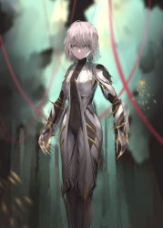 Rule 34 | 1girl, arms at sides, bodysuit, claws, closed mouth, expressionless, eyes visible through hair, grey eyes, highres, humanization, josh5330, looking at viewer, short hair, solo, sparks, standing, tagme, valkyr (warframe), valkyr prime (warframe), warframe, white hair