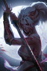 Rule 34 | 1girl, backlighting, blood, blood in hair, blood on arm, blood on breasts, blood on face, breasts, closed eyes, closed mouth, commentary, dao trong le, english commentary, full moon, highres, holding, holding sword, holding weapon, katana, medium breasts, moon, night, original, procreate (medium), sarashi, solo, sword, weapon, white hair