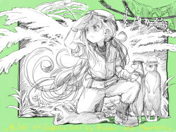 Rule 34 | 1girl, animal, ankle boots, blush, boots, bosako (haguhagu), closed mouth, clothed animal, covering face, cross-laced footwear, floating hair, green background, green theme, haguhagu (rinjuu circus), horns, long hair, meerkat, monochrome, on one knee, original, serious, solo, very long hair