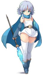 Rule 34 | 1girl, aqua eyes, blue cape, blue footwear, boots, breasts, cape, cleavage, commentary request, crystal, detached sleeves, dragon quest, dragon quest monsters plus, full body, grey hair, highres, holding, holding staff, karukan (monjya), looking at viewer, marumo, short hair, simple background, small breasts, solo, staff, standing, thighhighs, white background, white thighhighs