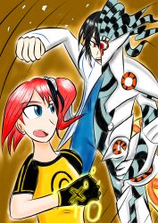Rule 34 | 1boy, 1girl, aiba ami, blue eyes, corruption, digimon, digimon story: cyber sleuth, eater (digimon), eater adam, gloves, goggles, goggles on head, highres, red hair, sanada arata, smile, tentacles