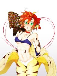 Rule 34 | 1girl, abs, animal ears, blush, body fur, bra, breasts, breath of fire, cat ears, cat tail, chocolate banana, commentary request, facial mark, furry, furry female, gloves, green eyes, highres, looking at viewer, midriff, navel, no panties, no pants, orange hair, pointy ears, rinpoo chuan, short hair, simple background, solo, suteki shuushuuiin chou, tail, underwear, valentine, white background
