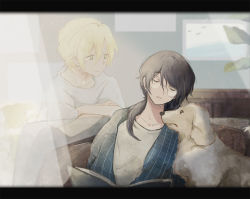 Rule 34 | 2boys, ash lynx, bad id, bad pixiv id, banana fish, black hair, blonde hair, book, chenamo5, couch, crossed arms, curtains, dog, ghost, green eyes, indoors, long hair, male focus, multiple boys, okumura eiji, open book, painting (object), shirt, sitting, sleeping, striped clothes, striped shirt, vertical-striped clothes, vertical-striped shirt, white shirt
