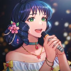 Rule 34 | 1girl, :d, aqua choker, bad id, bad pixiv id, bare shoulders, blue hair, blurry, blurry background, bow, bracelet, brk, choker, choujikuu yousai macross, collarbone, dark background, dress, female focus, flower, green eyes, hair flower, hair ornament, hands up, happy, holding, holding microphone, jewelry, looking at viewer, lynn minmay, macross, macross: do you remember love?, microphone, music, neck, necklace, off-shoulder dress, off shoulder, open mouth, pink flower, round teeth, short hair, singing, smile, solo, teeth, upper body, upper teeth only, white dress, yellow bow