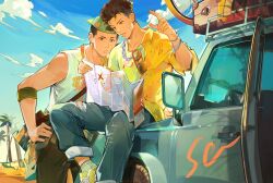 Rule 34 | 2boys, absurdres, ankle socks, armband, backwards hat, bag, bishounen, black eyes, black hair, blue sky, bracelet, brown eyes, brown hair, buzz cut, car, chain necklace, clothes around waist, denim, earrings, feet out of frame, green armband, green footwear, hands on own hips, hat, highres, jeans, jewelry, looking at map, male focus, map, miyagi ryouta, motor vehicle, multiple boys, necklace, outdoors, palm tree, pants, pointing, sawakita eiji, shirt, shirt around waist, short hair, shoulder bag, sitting on car, sky, slam dunk (series), socks, stud earrings, suitcase, sweatdrop, tank top, toned, toned male, torn clothes, torn jeans, torn pants, tree, undercut, unworn eyewear, very short hair, vidave1, wavy hair, white tank top, yellow shirt