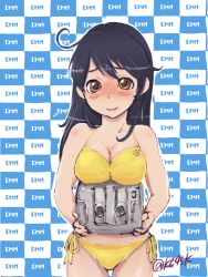 Rule 34 | 10s, 1girl, 4suke, ahoge, bare shoulders, bikini, black hair, blush, breast rest, breasts, brown eyes, cleavage, cowboy shot, female focus, holding, kantai collection, large breasts, long hair, looking at viewer, open mouth, outline, side-tie bikini bottom, smile, solo, swimsuit, turret, twitter username, ushio (kancolle), yellow bikini