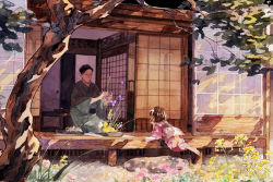 Rule 34 | 1boy, 1girl, 720 72, architecture, barefoot, black hair, bob cut, brown hair, character request, child, day, east asian architecture, flower, garden, head rest, ikebana, japanese clothes, kimono, long sleeves, lying, on stomach, osomatsu-san, outstretched arms, seiza, short hair, short sleeves, sitting, sliding doors, stone, table, traditional media, tree, veranda, yukata
